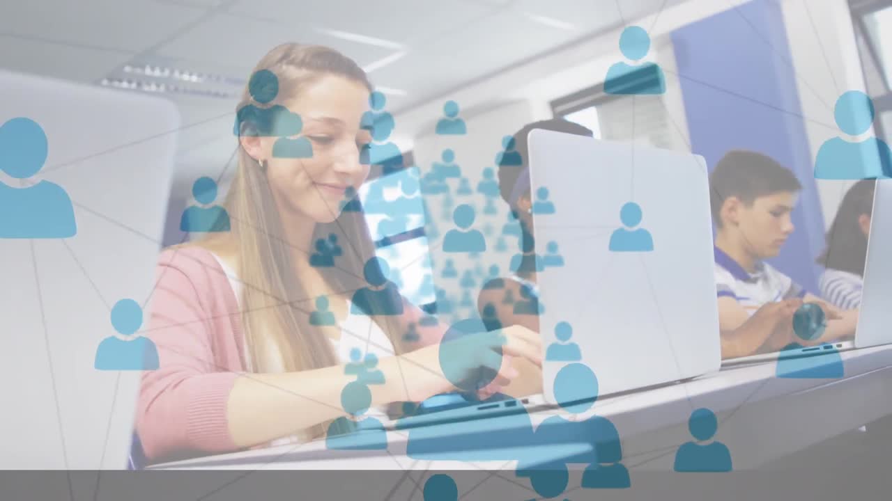 animación de la red de conexiones con las personas iconos sobre estudiante usando computadora portátil