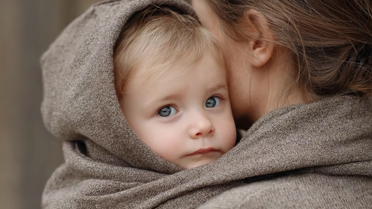 A Heartwarming Moment of Bonding: A Toddler Wrapped in a Cozy Blanket Embraces Their Caregiver, Highlighting the Intimacy and Warmth of Their Relationship