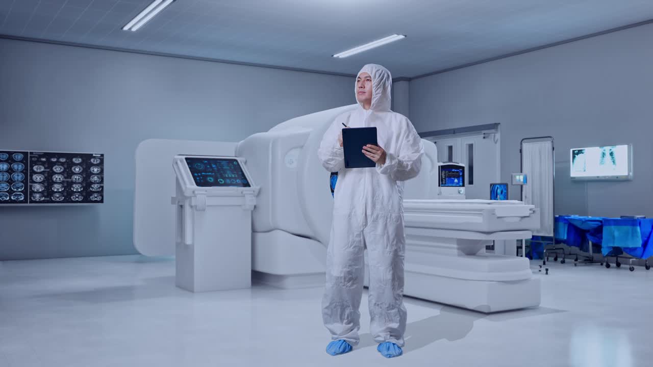 Full Body Asian Male Scientist Taking Note On A Tablet While Standing With MRI Machine In The Hospital
