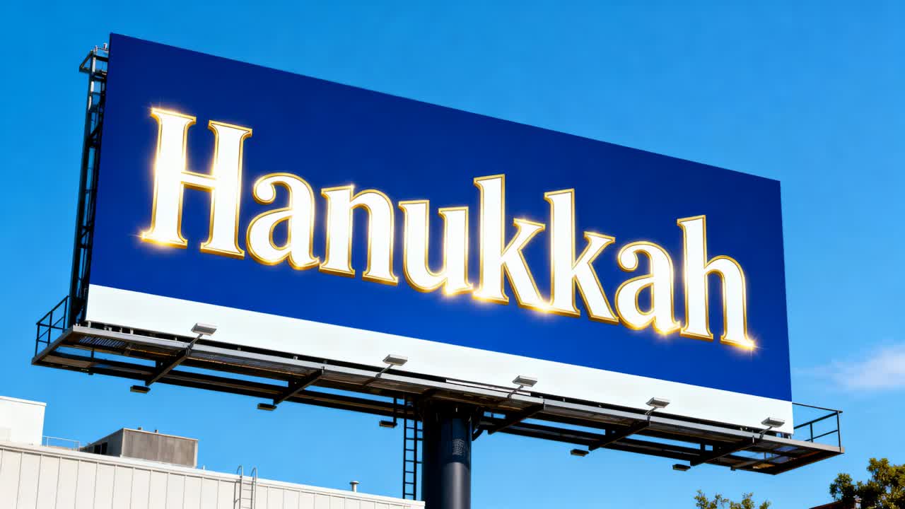 Displaying Hanukkah billboard briefly sparkling from sun glare above roof, pole for holiday