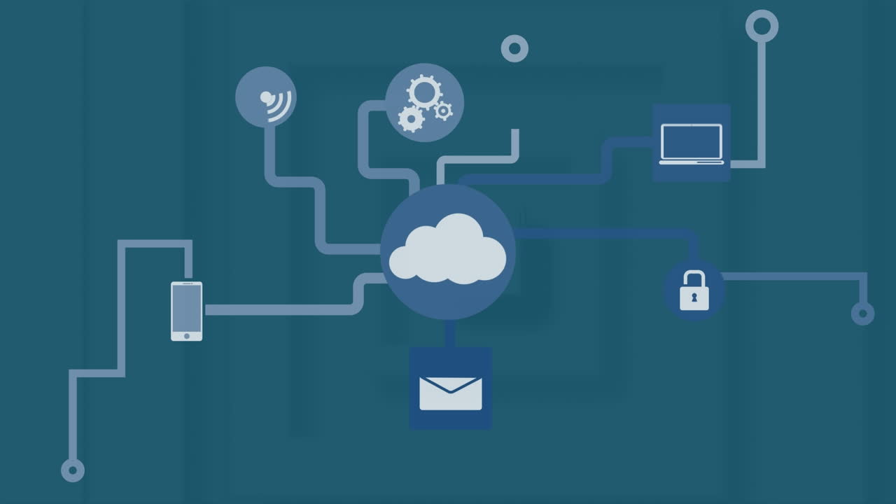 animación de un diagrama de flujo gráfico con iconos de computadora contra un fondo azul