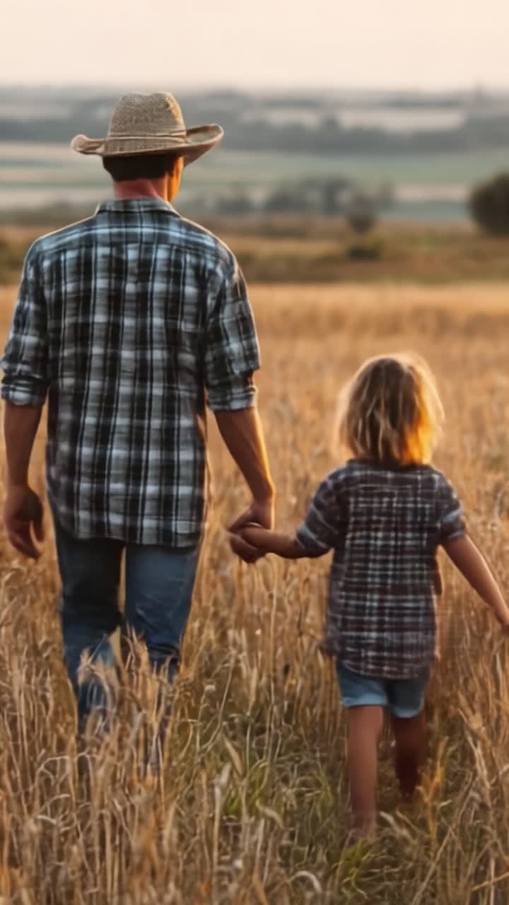 A Heartwarming Journey Through Golden Fields: A Father and Child Embrace Nature's Beauty Hand in Hand, Creating Precious Memories in the Evening Glow
