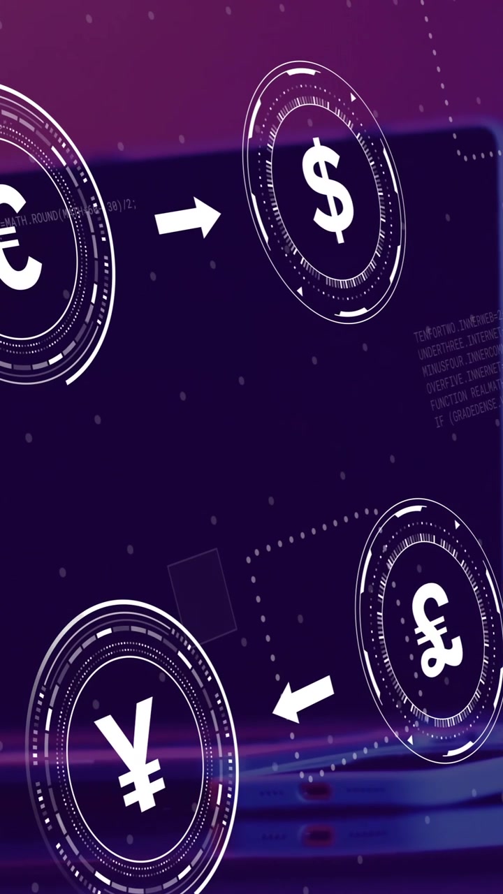 Animazione di simboli di valuta con elaborazione dati su laptop su sfondo viola