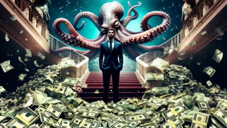 man standing on a staircase of money with a giant octopus