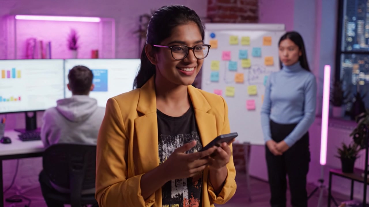 A Young Woman Engaged with Her Smartphone in a Modern Office Setting, Highlighting Digital Interaction Amidst Colleagues in a Collaborative Environment
