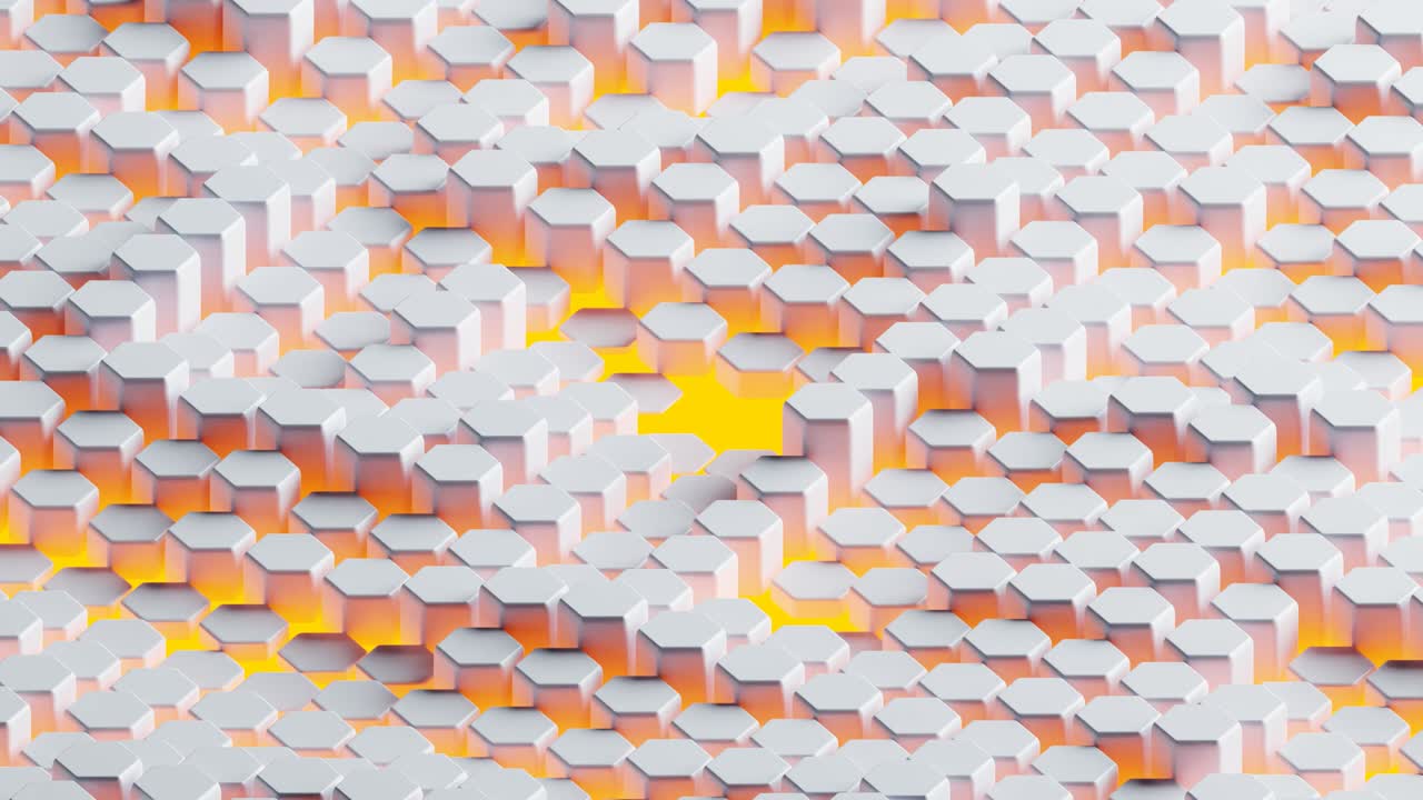 White moving Hexagons and orange neon lights at the background. 3D rendering animation