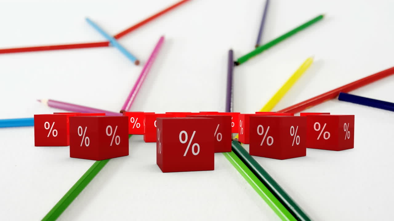 animación de símbolos de porcentaje en cubos rojos, sobre una red de lápices de colores