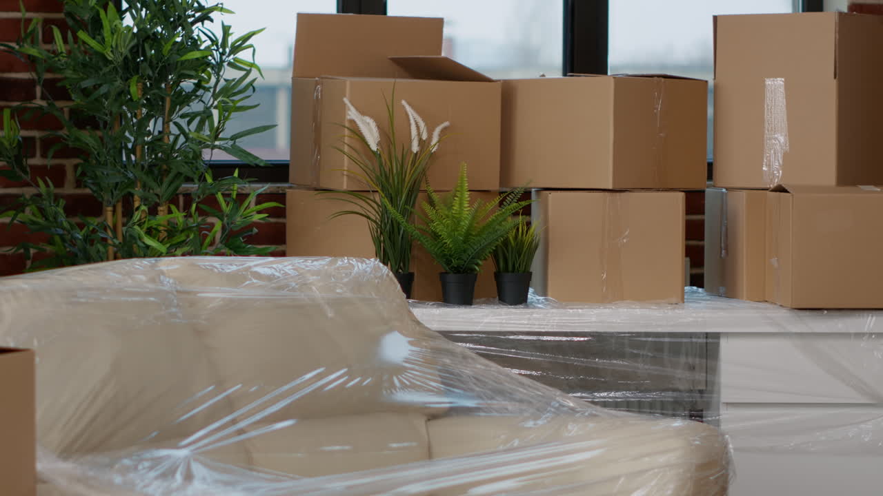 No people in empty apartment space filled with storage boxes