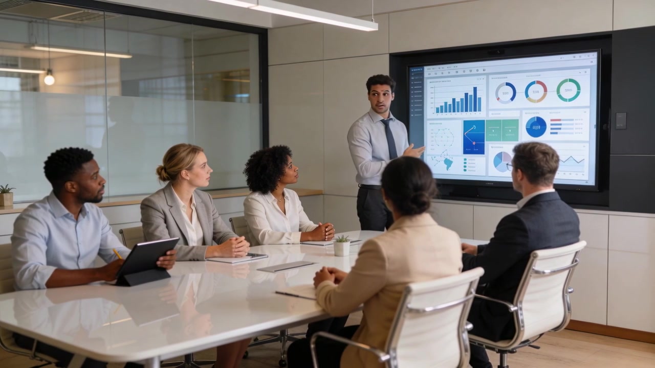 Selecting chart, presenter in tie explaining data on wall display in conference room with tablet