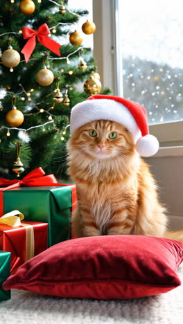 fluffy orange cat in santa hat by christmas tree and gifts