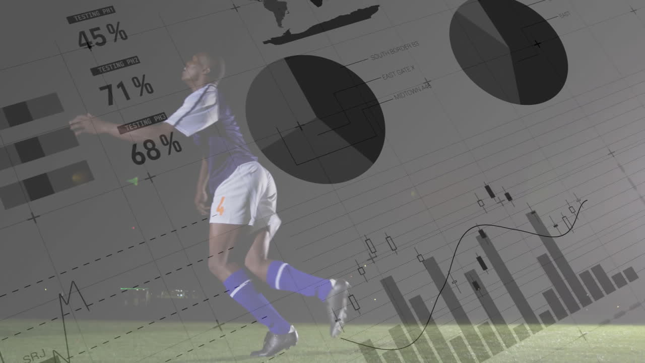 Soccer player jumping for ball with financial data processing animation over scene