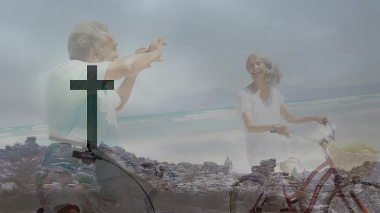 Man raising phone and framing travel photography shot, woman holding bicycle, cross overlay fading