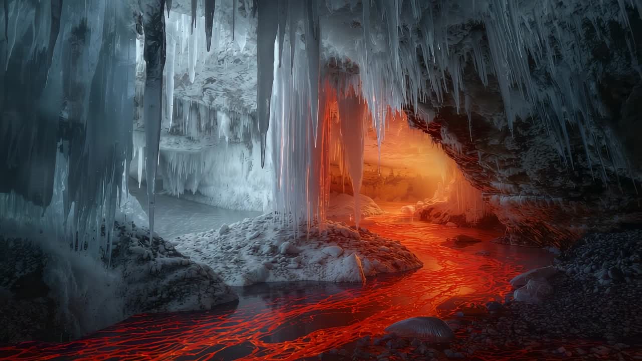 Flowing glowing lava stream entering icy cavern from right side, illuminating and melting icicles