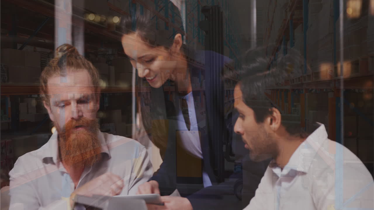 데이터 프로세싱 및 창고의 애니메이션 다양한 비즈니스 사람들 사무실에서