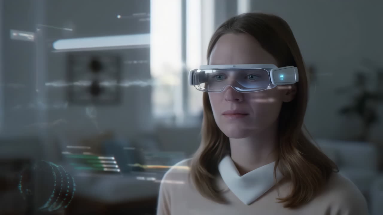 Woman using augmented reality glasses with digital overlays