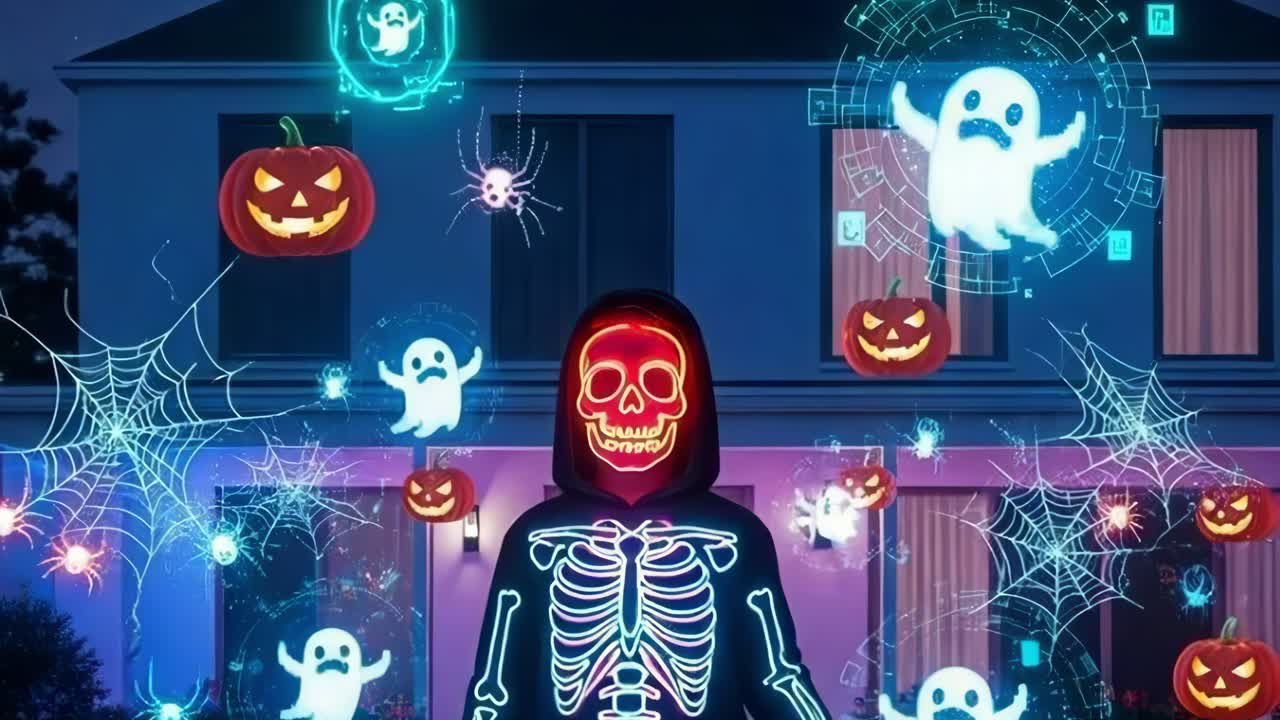 Dark-clad skeleton figure engages with animated ghosts and pumpkins, creating a lively Halloween atmosphere filled with digital elements and festive decorations