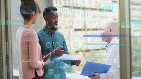 animation of data processing over diverse business people in office