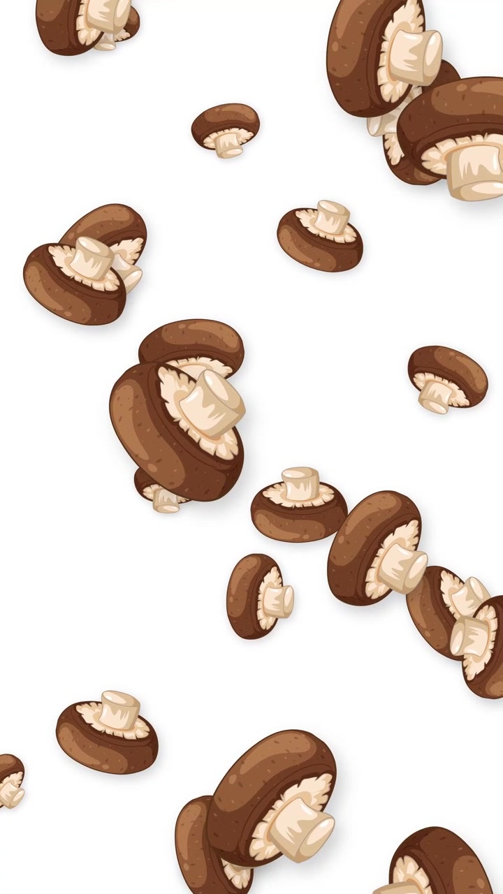 Stylized brown mushrooms fall continuously against a plain white background in a vertical orientation.