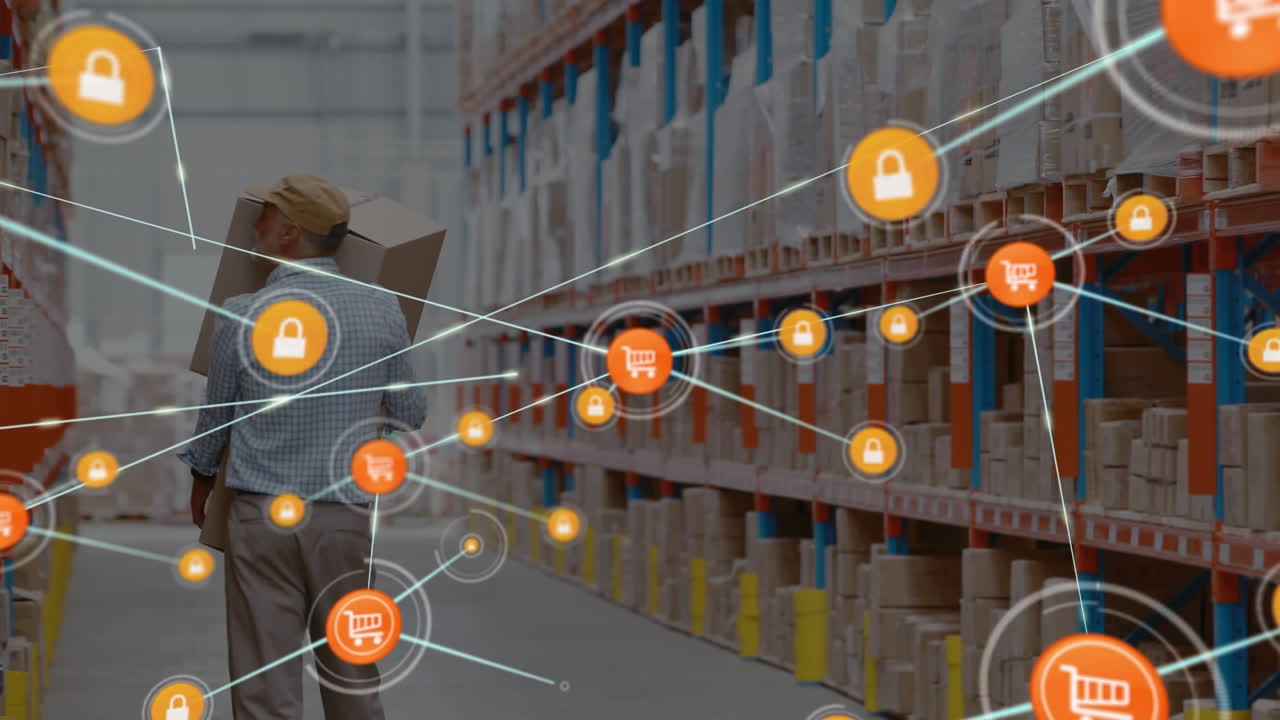 анимация сети соединений с иконами над человеком, работающим на складе