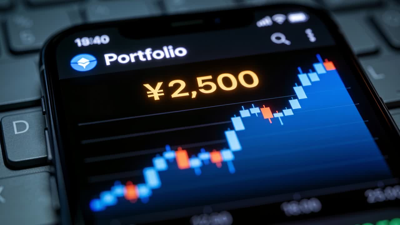 Uno smartphone che mostra un grafico del portafoglio sui tasti di un laptop, con un aumento di prezzo che si aggiorna da ¥2.500 a ¥2.521.