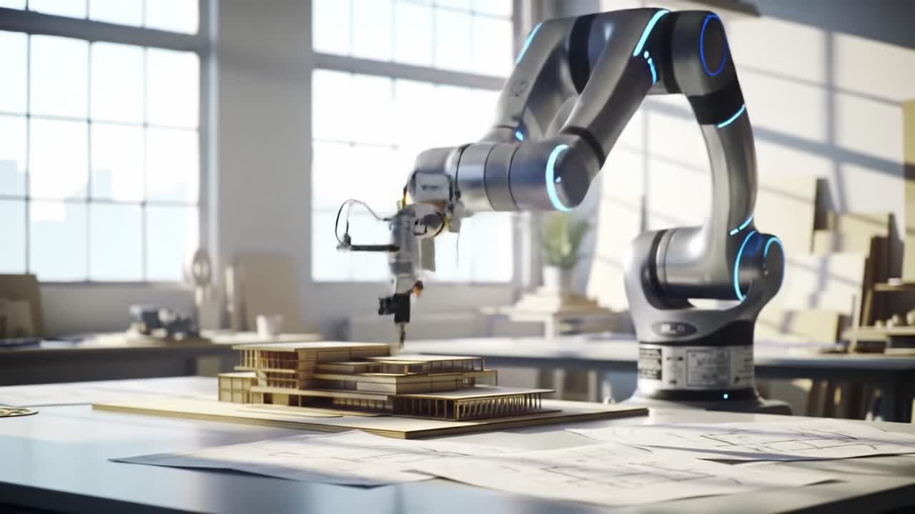 Innovative Robotic Arm Engaged in Precise Architectural Model Creation Within a Modern Design Studio Setting