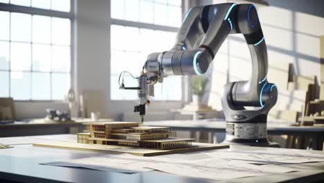 innovative robotic arm engaged in precise architectural model creation within a modern design studio setting