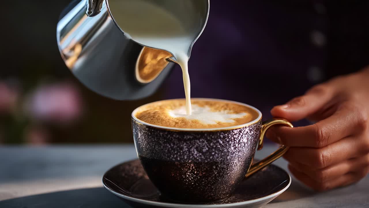 Pouring milk into a cup of cappuccino