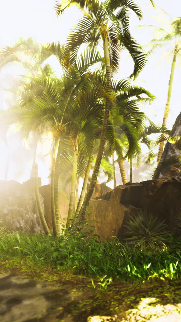 Lush tropical landscape with palm trees and vibrant sunlight filtering through