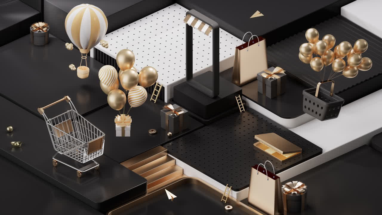 3d 렌더링으로 큐브 플랫폼 배경으로 쇼핑 일 활동의 루프 애니메이션