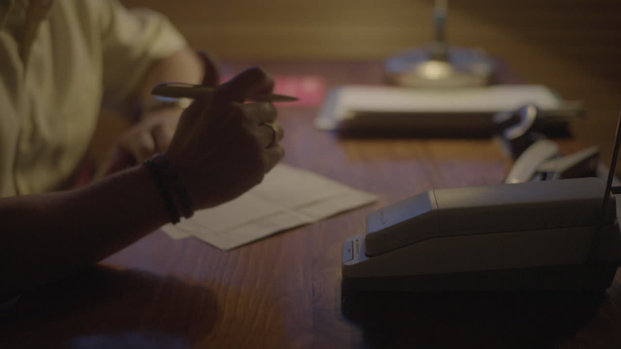 People working at a desk at night