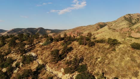 a beautiful rushing pan taken from a drone revealing red rocks, morrison colorado