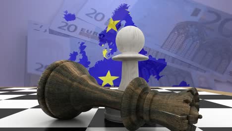 Animation-of-fallen-queen-with-pawn-and-european-union-flag-in-map-over-20-euros-on-table