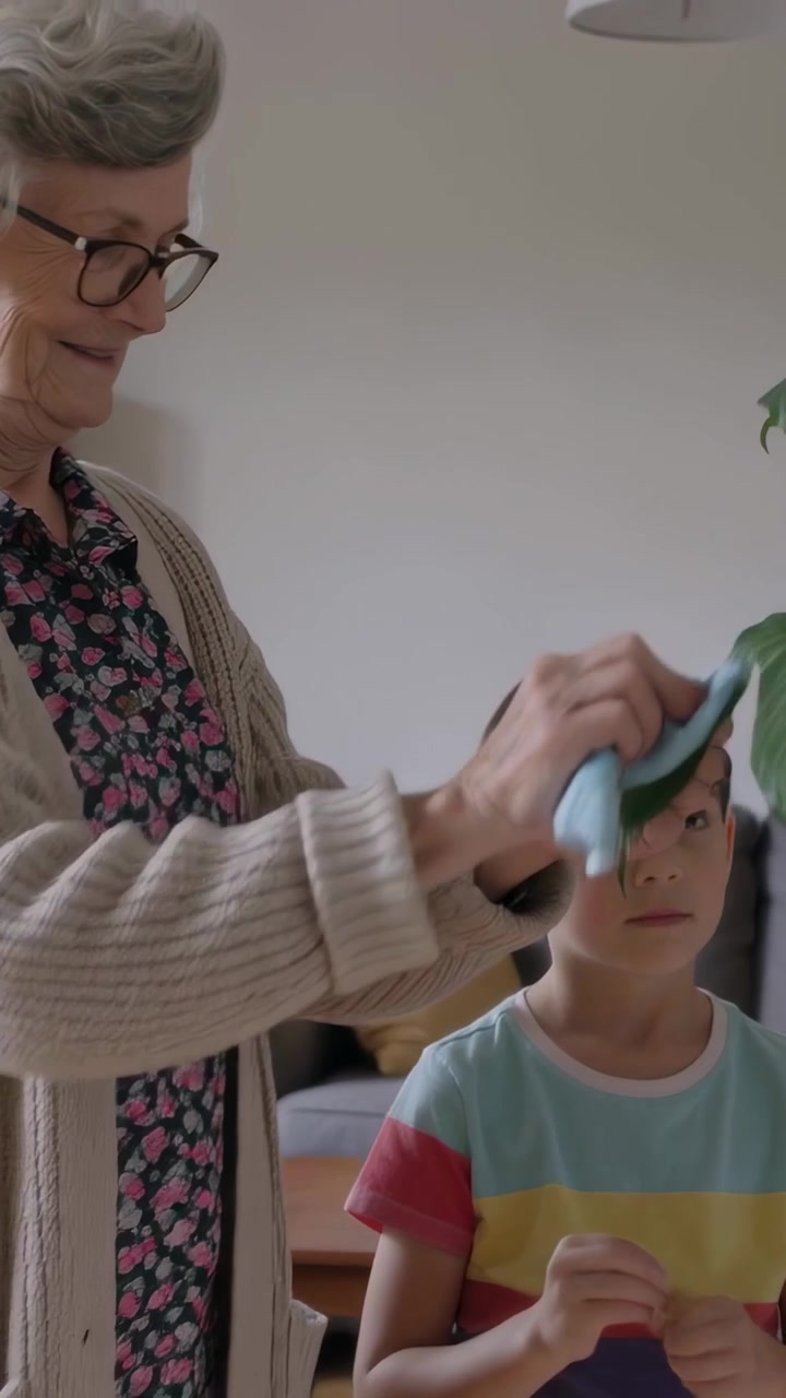 Video verticale: Nonna in top che pulisce una pianta a casa con un panno blu, mentre un bambino osserva, con spazio per il testo.
