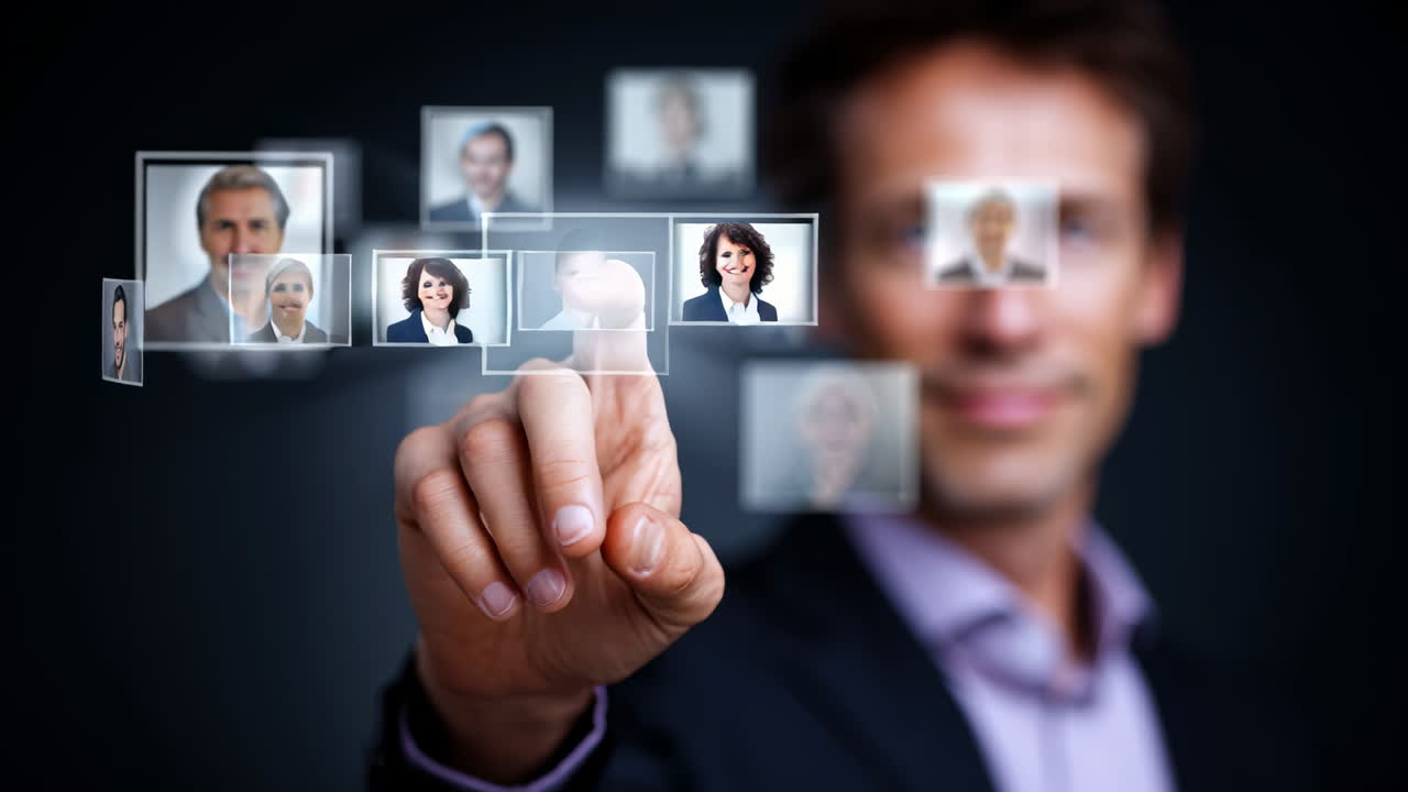 Digital portrait interaction. Man interacts with digital portraits on a touchscreen, showcasing a modern approach to networking and communication