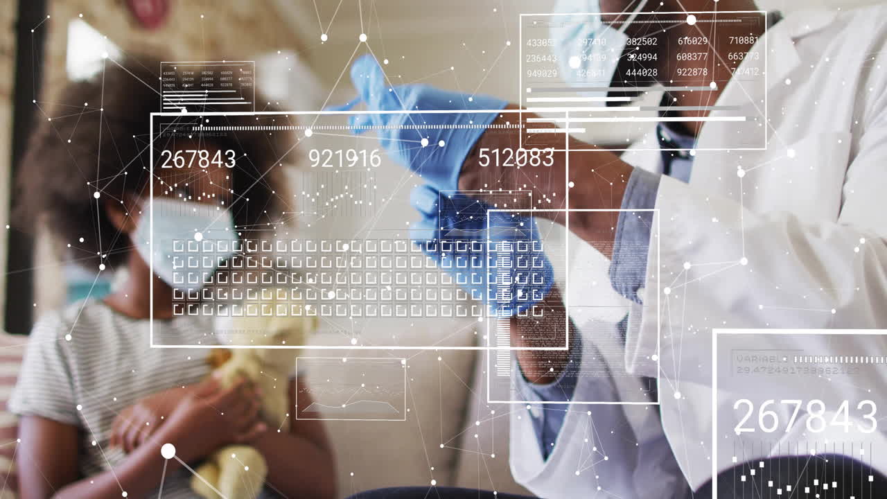 Animation of data processing and diagrams over biracial male doctor examining his patient