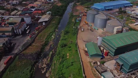 aerial view of a polluted river running trough an industrial zone in nigeria, africa