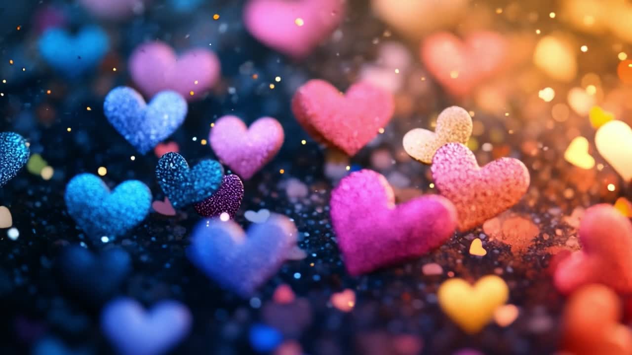 Vibrant hearts bring joy!. A vibrant display of hearts in various colors sparkles against a dark background, evoking joy and celebration.