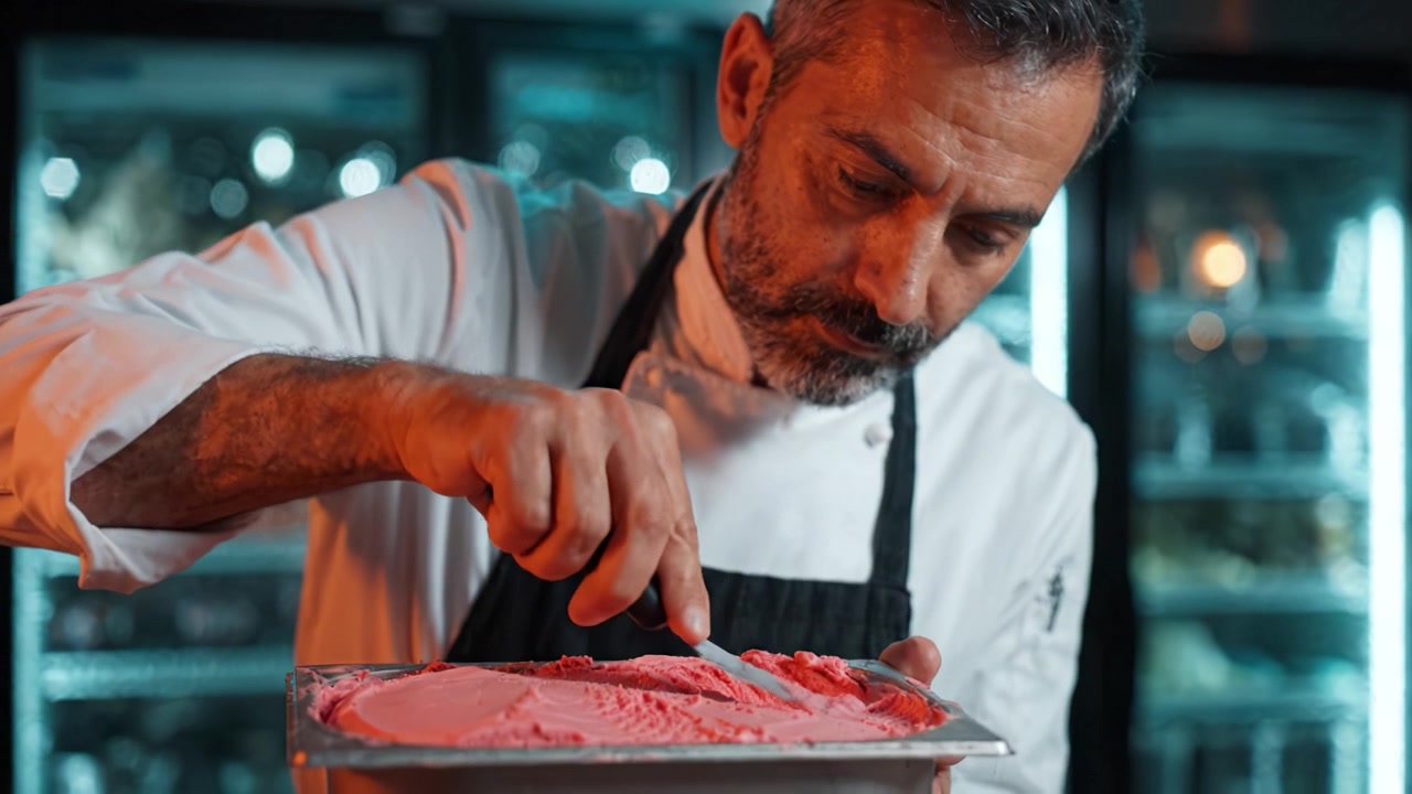 Criando Gelato Delicioso: Um Artesão Habilidoso Aperfeiçoa a Textura Cremosa do Gelato de Morango em um Ambiente de Freezer Bem Abastecido com Precisão Especializada