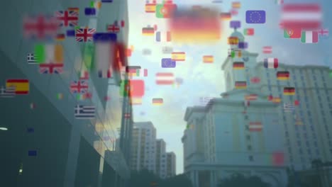 Animation-of-flags-of-european-nations-and-european-union,-over-sky-and-modern-high-rise-buildings