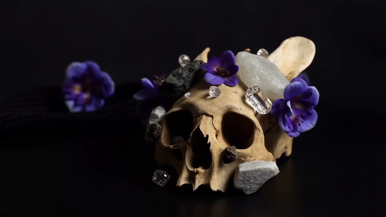 Ornate Skull with Diamonds, Crystals, and Purple Flowers on Black Background