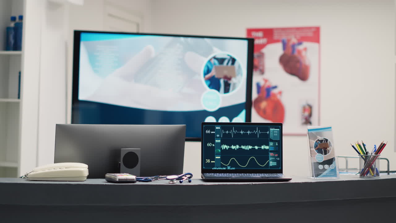Empty reception front desk with laptop