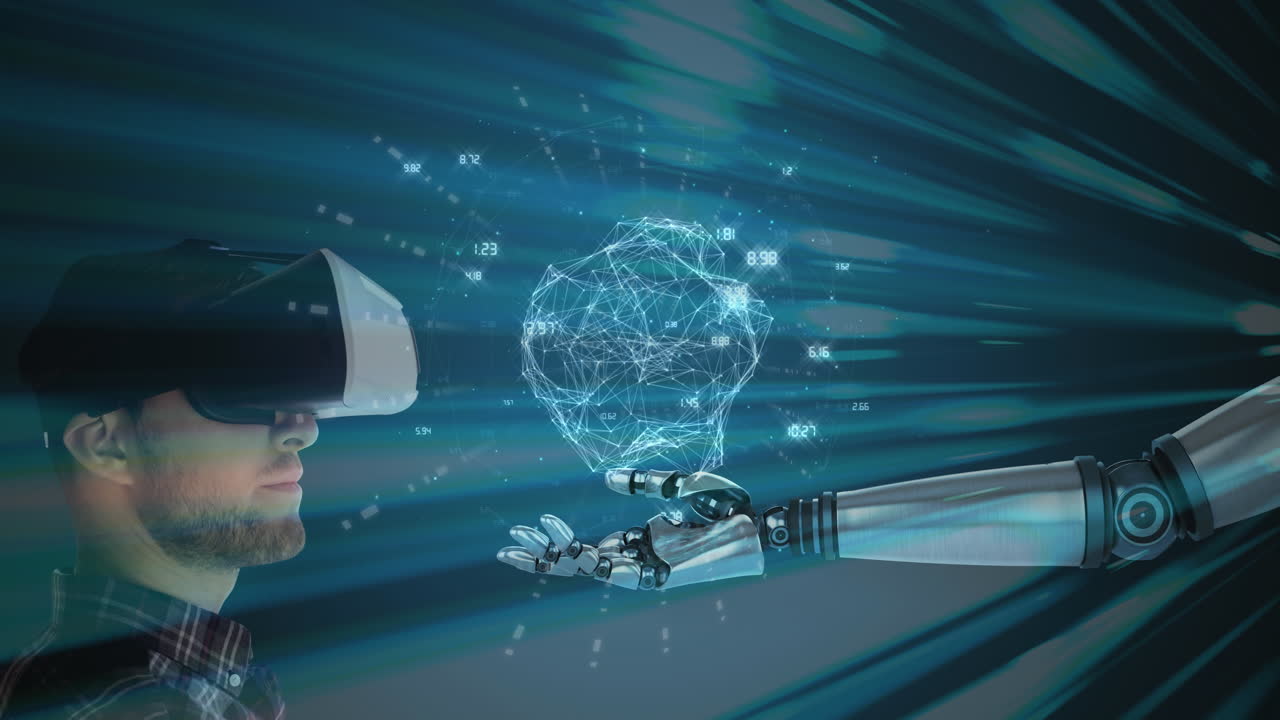 vr 헤드을 착용한 사람, 로 손과 상호 작용하는 사람, 디지털 네트워크 애니메이션