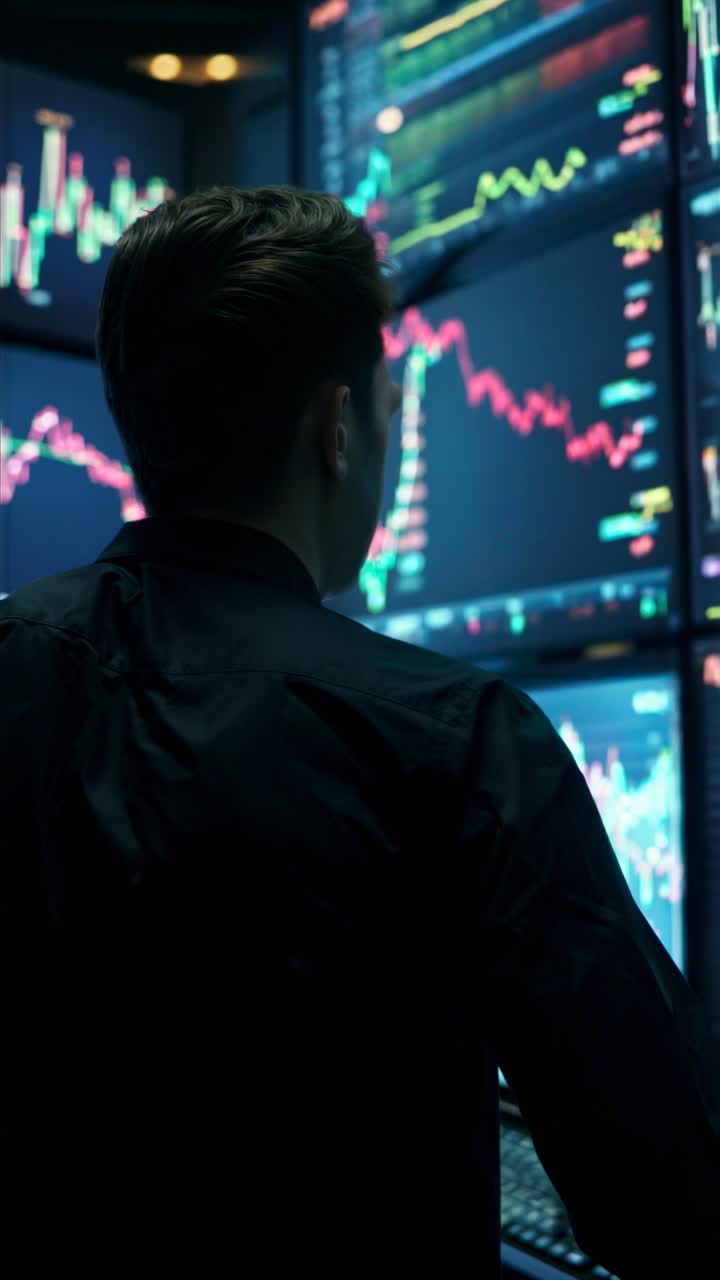 A man in a dark room analyzes stock market data on multiple screens