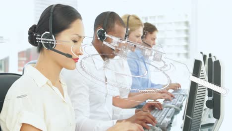 Animation-of-scope-scanning-over-business-people-using-phone-headsets