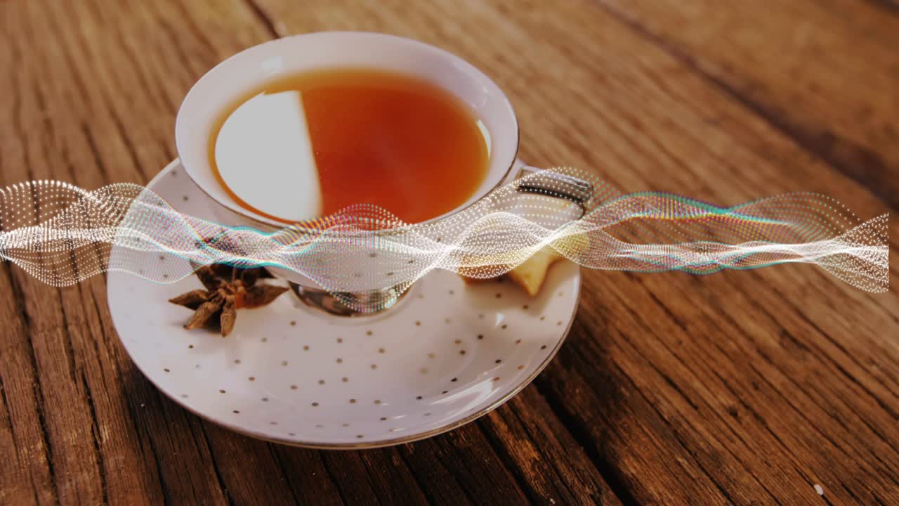 Waveform appearing from left, traveling across frame, undulating over polka cup, visualizing audio