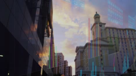 animation of multiple graphs, numbers charts over low angle view of buildings against cloudy sky