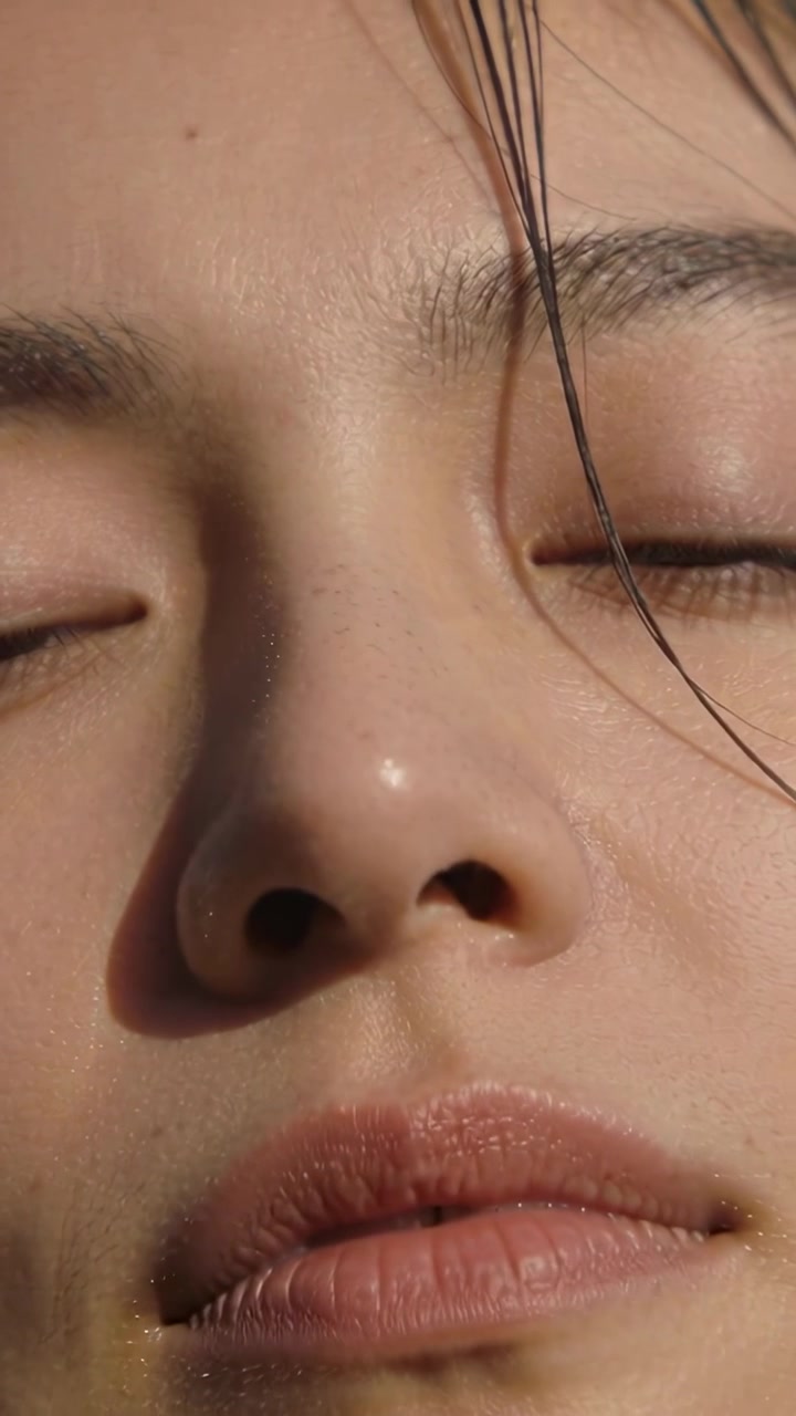 Video vertikal: Menampilkan wanita Asia dengan bibir bernapas yang menyesuaikan diri dalam jarak dekat, helai rambut bergeser.