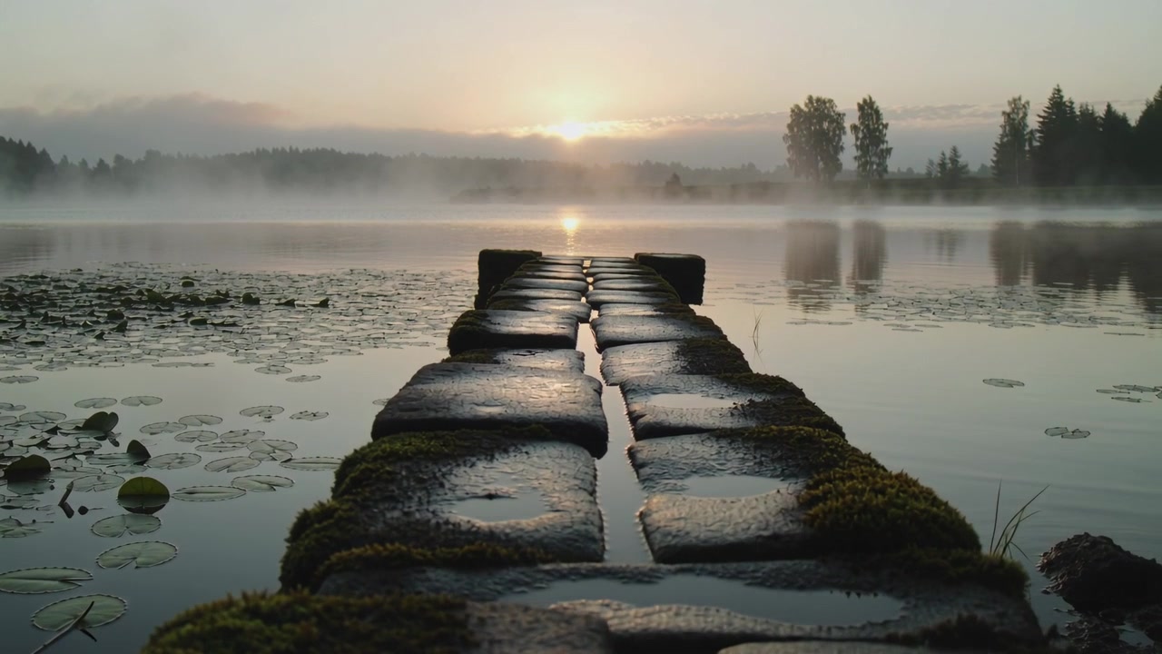 Glistening moss-covered stone pier reflecting sun rising over treeline at lakeside, with mist
