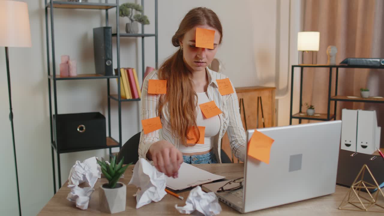 Exhausted woman freelancer with pasted stickers using laptop having concentration problem in office