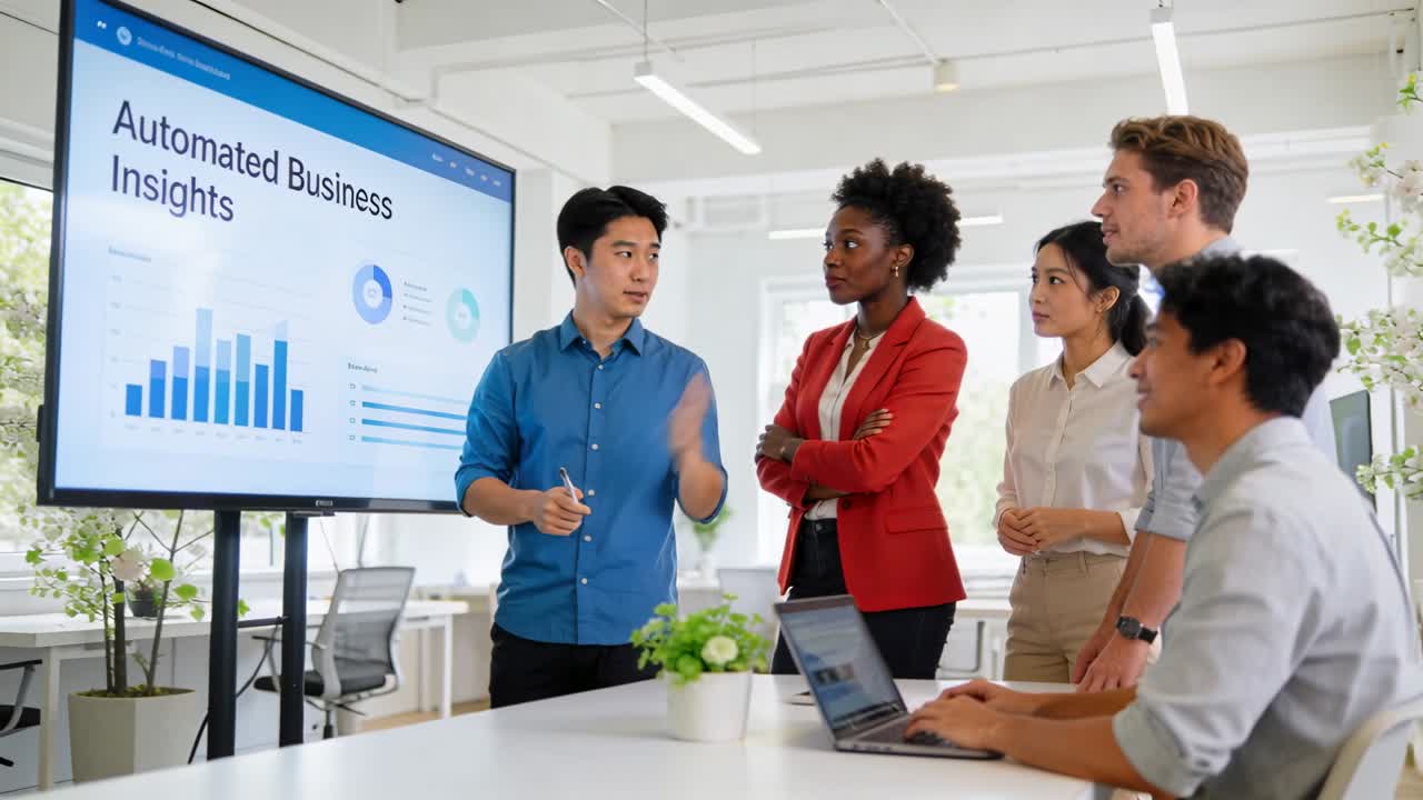 Presenter pointing at charts after peer typing, causing animated charts to reveal business data